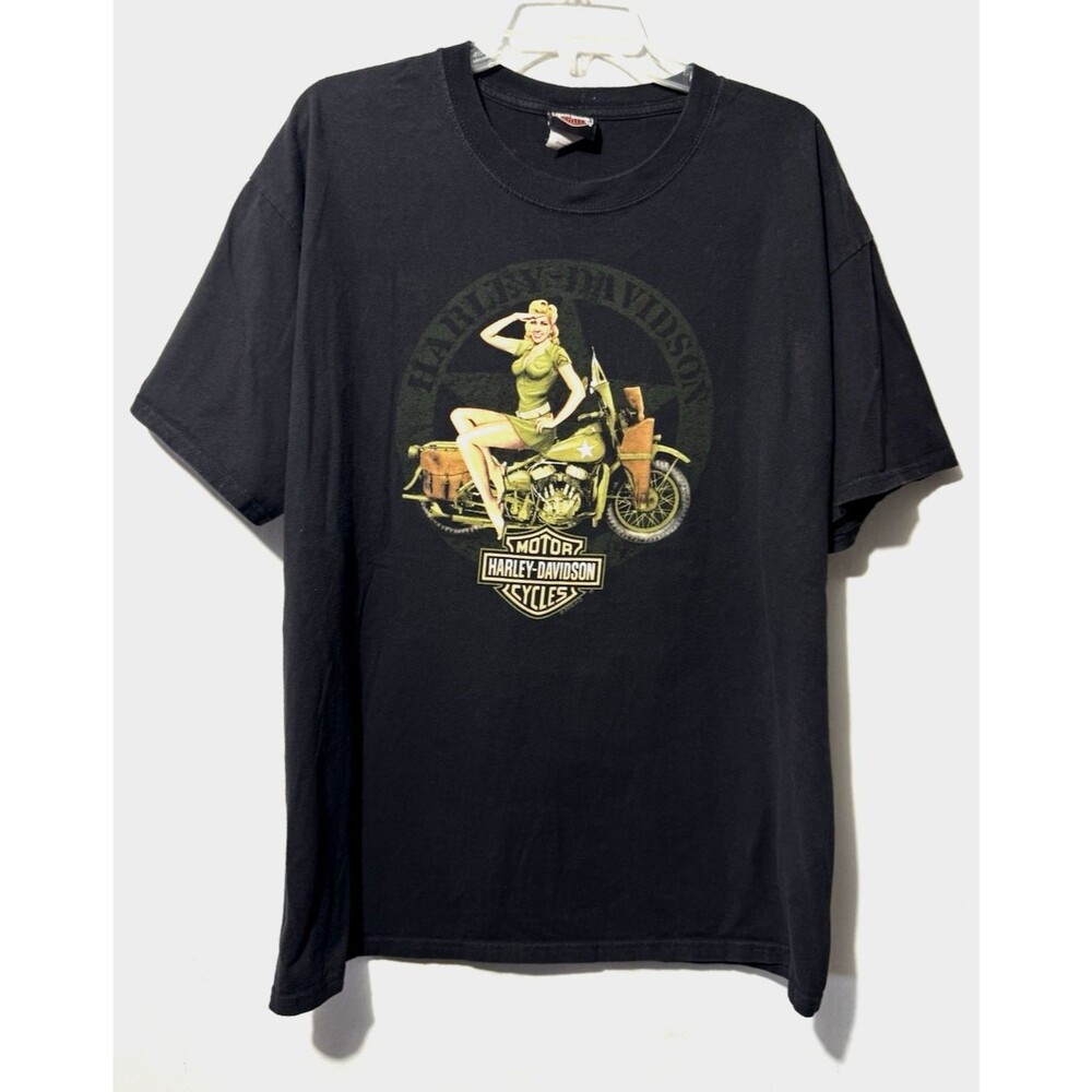 Harley Davidson T Shirt Men’s XL Black Pin Up Girl Military Pinup Motorcycles